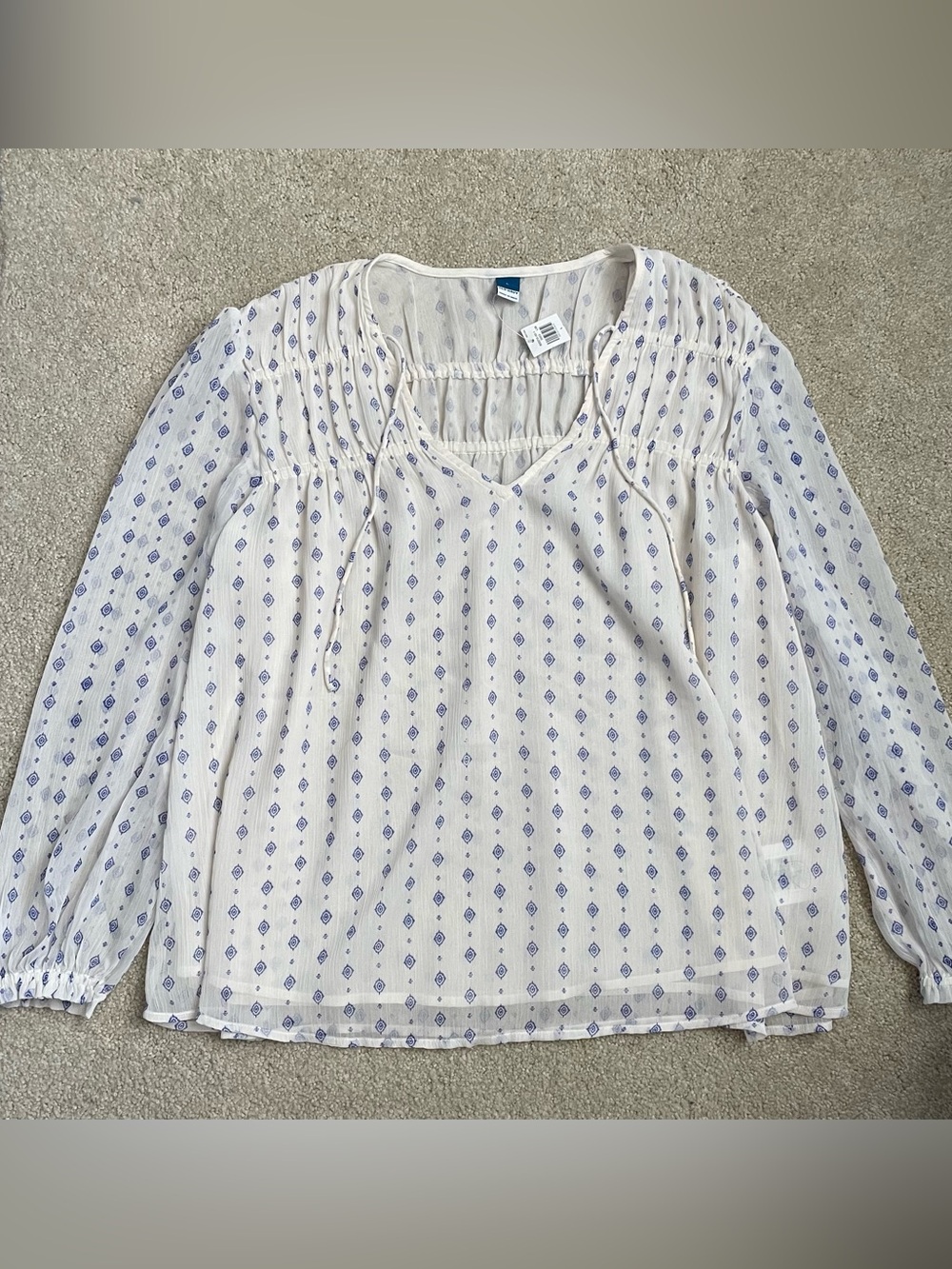 Old Navy Cream Peasant Blouse with Blue Diamond Motif